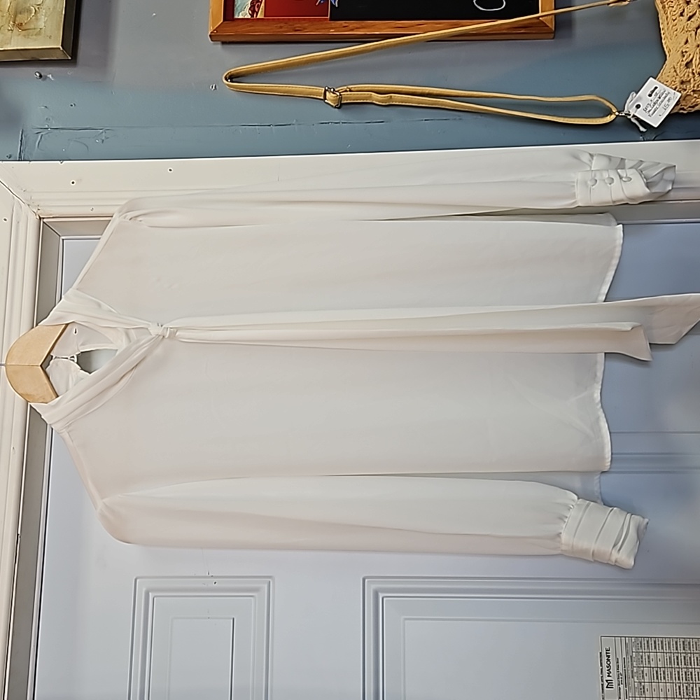 No tags...White sheer cover button blouse tie neck key hole high collar ptp 19.5